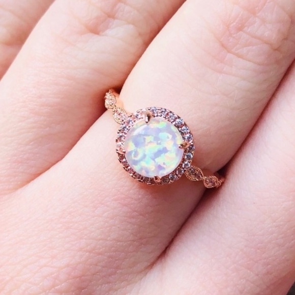 Round Fire Opal Rose Gold Ring - Picture 4 of 5